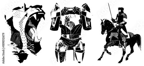 Warrior in full plate armor riding horse, knightly helmet, medieval combat gear, historical warrior, black and white vector illustration.
