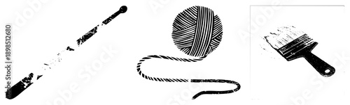 Artistic tools for crafting knitting, yarn skein, paintbrush, textured vector, creative supplies, handmade art, studio essentials.