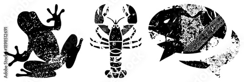 Distressed black vector of frog, lobster, and fish with textured grain, ideal for retro branding or tattoo art. Alternatives amphibian, crustacean, aquatic creature.