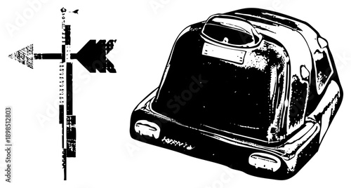 Retro travel suitcase with handle and wheels, paired with stylized compass arrow, vector illustration, travel, navigation symbol, luggage design.