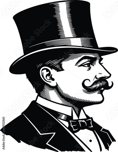 Vintage Vector Illustration of a Gentleman Profile Wearing a Top Hat and Bow Tie for Retro Barbershop and Fashion Designs