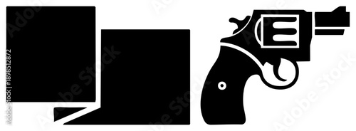 Stylized revolver gun with visible cylinder and grip, paired with two book covers, minimalist vector art, black silhouette design, isolated graphic elements.