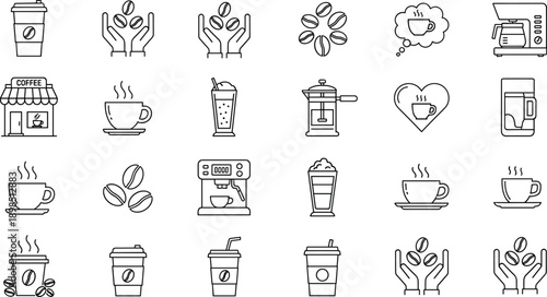 Coffee outline icon set, cafe beverage line symbols collection, cup beans machine takeaway drink vector illustration isolated bundle