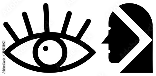 Graphic of eye with lashes facing profile silhouette, minimalist vector art, watchful observer symbol, abstract gaze motif, black and white glyph.