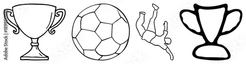 Football trophy, soccer ball, goalkeeper diving, sports victory symbols, athletic competition, black vector graphics.