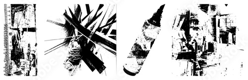 Dynamic black and white vector composition with intersecting, fragmented forms, and halftone textures, ideal for graphic design, digital art, or print.