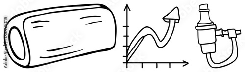 Sketch style log with bark texture, upward trend graph with arrow, mechanical valve assembly, minimalist, flat design, isolated vector elements.