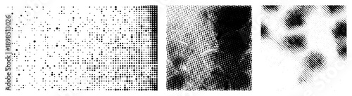 Black and white halftone dots forming gradient, screen printing texture, print design element, vector, retro aesthetic, analog effect, digital art base.