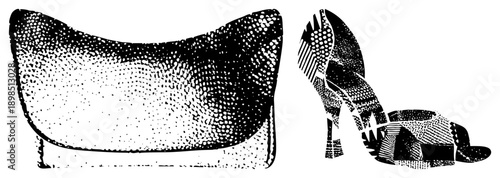 Retro style bathtub and stiletto heel shoe rendered in halftone dots, vector art, fashion and bathroom, graphic design element.