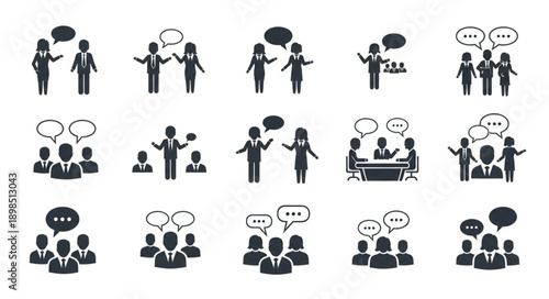 Business People Talking and Communicating Icons Set.