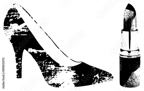 Fashion accessories rendered in gritty halftone stencil, stiletto heel and lipstick tube, beauty and glamour, graphic design, vintage glam aesthetic.