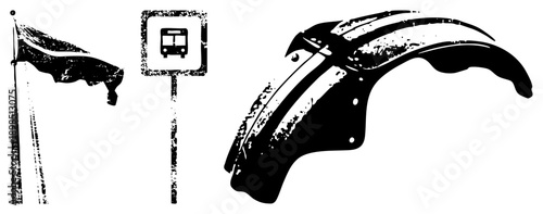 Weathered black and white vector waving flag, bus stop sign, motorcycle fender, distressed texture, urban transport symbols, gritty aesthetic.