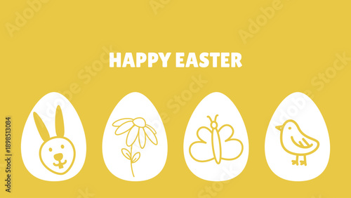 Minimal Easter banner with row of decorative eggs and simple icons. Clean spring design for web banners, emails and seasonal greetings.
