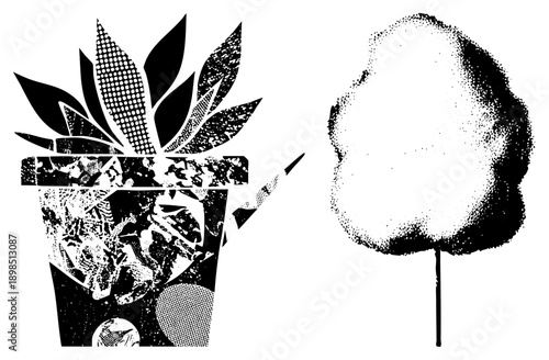 Graphic illustration of a potted succulent with leaves and a cotton candy tree, rendered in halftone dots and bold black shapes, ideal for retro or pop art design.