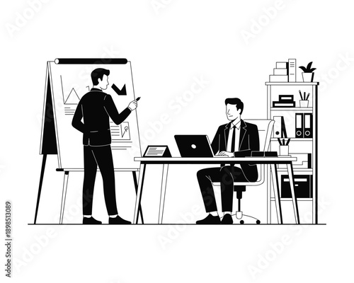 Business presentation with chart on easel and man working on laptop at desk