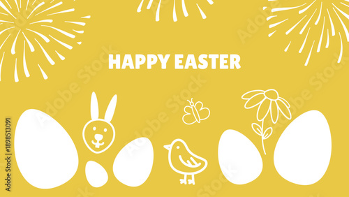 Cute Easter banner with bunny, chick and egg icons on yellow background. Fun spring illustration for children events and holiday promotions.