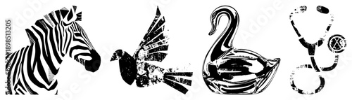 Zebra,, swan, stethoscope vector in, stylized graphic symbols, medical and nature themes, isolated design elements.