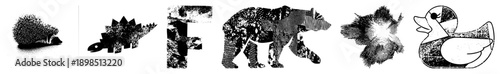 Black and white halftone animals including hedgehog, stegosaurus, bear, duck, and letter F, stylized vector graphics with textured, isolated foreground elements.