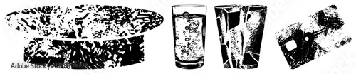 Black and white halftone rendered glassware, bubbly beverage, fractured vessel, textured plate, graphic vector set, isolated foodware elements, stylized dining accessories.