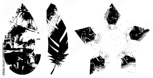 Distressed vector featuring feather, teardrop, and star shapes with gritty texture, ideal for graphic design, tattoos, or branding. Alternately called stylized symbols or abstract glyphs.