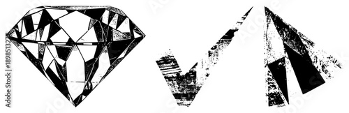 Bold black and white vector faceted diamond, textured checkmark, angular arrow. Graphic design elements with halftone texture, isolated foreground, clean, modern minimalism.