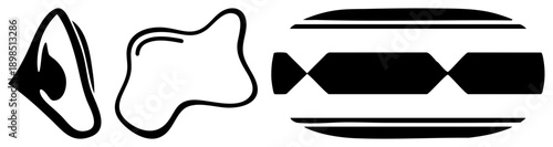 Three stylized vector ear like form, amoeba like blob, and segmented bar. Minimalist black on transparent background. Modern graphic elements for UI or branding.
