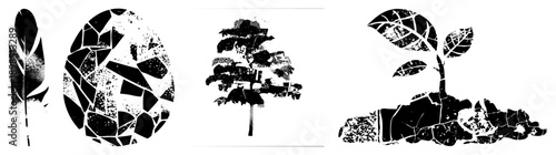 Stylized leaf, egg, tree, and sprout rendered in high contrast black and white with distressed textures, ideal for eco design or graphic.