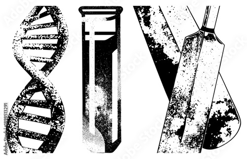Biology and chemistry symbols rendered in halftone style DNA helix, test tube, conical flask, scientific research, lab equipment, molecular biology, academic illustration.