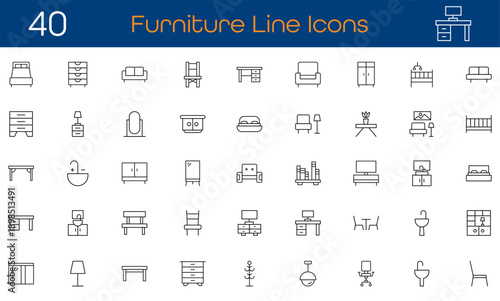 Furniture and home interior line icon set. Collection of house equipment symbols including bed, sofa, table, and lamp. Linear vector illustration for real estate and apartment web design. Vector.