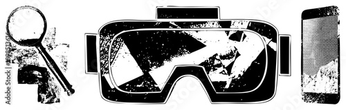 Virtual reality goggles with pixelated distortion, magnifying glass inspecting digital artifacts, smartphone displaying glitched, tech tools for digital analysis.