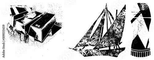 Stylized sailboat, rectangular box, and shoe rendered in halftone dot, vector art, graphic design,, isolated shapes, bold, retro aesthetic.