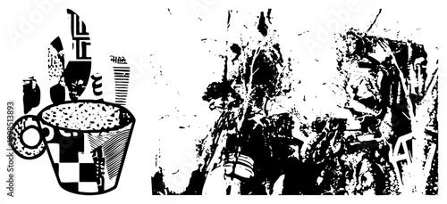 Stylized coffee mug with checkered, halftone dots, and abstract shapes, vector art, isolated graphic, caffeine, design element.