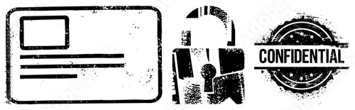 Distressed black document, unlocked padlock, circular "CONFIDENTIAL" stamp. Vintage, gritty, security themed vector symbols.