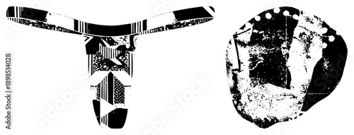 Black and white tribal mask with angular shapes, striped and dotted textures, halftone grain, graphic art, vector design, cultural motif, isolated foreground.