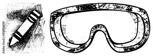 Artistic sketch of crayon held in hand, safety goggles with distressed texture, creative tools, drawing supplies, studio equipment, graphic design assets.