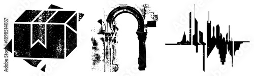 Stylized black vector fragmented cube, ornate arch, city. Graphic design elements with halftone texture, isolated foreground shapes. Modern minimalism meets architectural motifs.