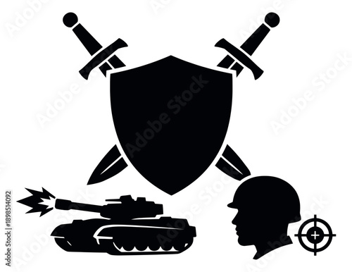 Solid graphic military symbols set featuring a shield, crossed swords, a tank, a soldier, and a target for combat and protection
