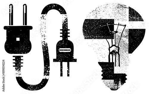 Retro electrical symbols including plug, cord, and bulb rendered in gritty halftone, vector graphic, isolated tech, black and white design, industrial illustration.