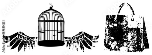 Birdcage with spread wings, symbolic release, liberation, motif, emancipation graphic, liberation art, symbolic wings.