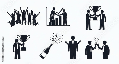 Business success and celebration icons set.