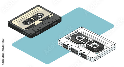 Pair of retro cassette tapes in black and white colors shown in an isometric perspective on a simple background with a blue accent shape.