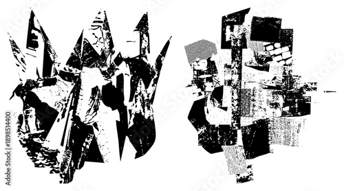 Bold black and white graphic art with shattered polygonal shapes, halftone textures, and glitchy digital distortion, ideal for modern design or experimental visuals.