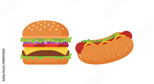 Delicious fast food icons featuring a large cheeseburger with lettuce and tomato and a classic hot dog with mustard and ketchup.