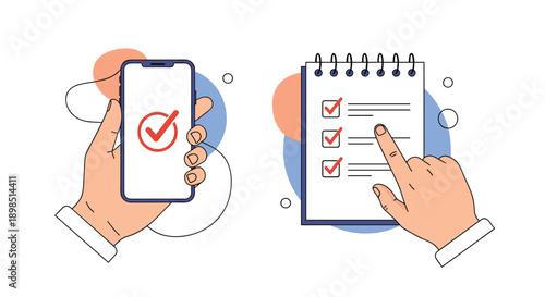 Illustration showing a hand holding a smartphone with a checkmark and another hand checking off items on a paper to-do list notepad.