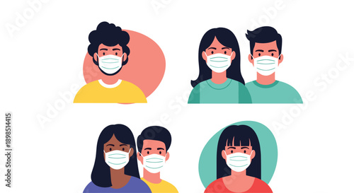 Diverse groups of people wearing medical face masks for health protection against air pollution, germs, and infectious viral diseases.