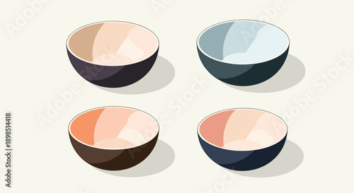 Set of four empty ceramic kitchen bowls in various shades of grey, blue, and brown, featuring simple and elegant design for dining.