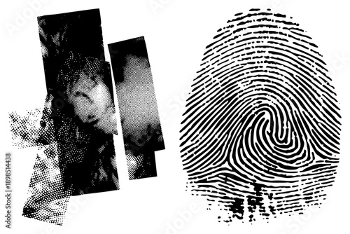 Black and white halftone portrait strips juxtaposed with detailed fingerprint swirl, graphic design elements, forensic art, stylized identity motifs.
