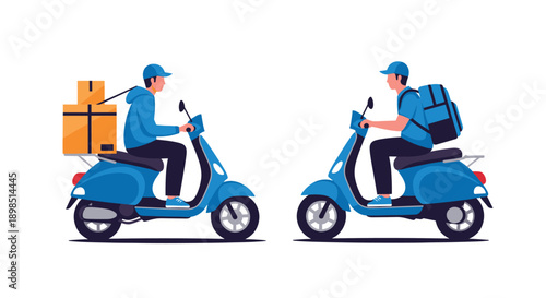 Two delivery couriers on blue motor scooters carrying cardboard boxes and large backpacks for efficient urban food or parcel delivery.