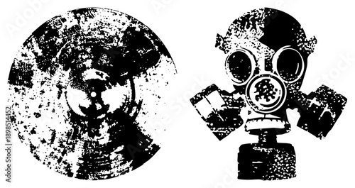 Retro nuclear threat symbols, atomic bomb, gas mask vector, dystopian design, black and white halftone, apocalyptic, propaganda art.