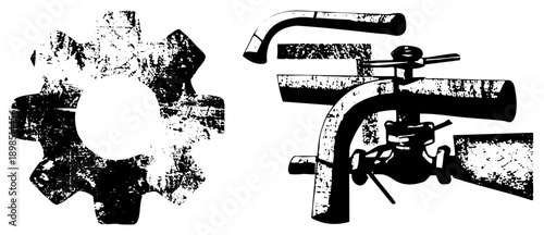 Rustic mechanical gear and pipe valve assembly, industrial components, machinery, mechanical engineering, vector illustration with distressed texture.